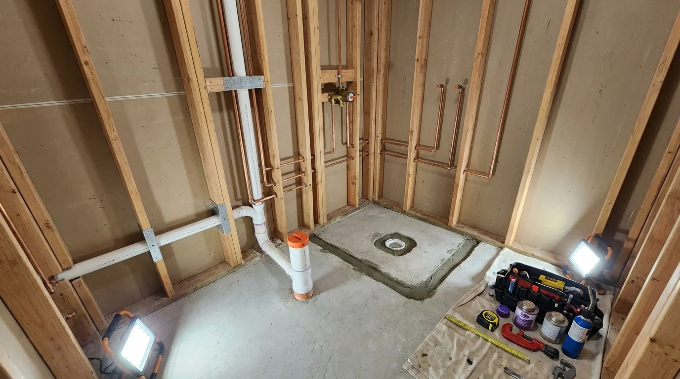Bathroom rough-in plumbing during remodel by Johns Plumbing LLC in Lame Deer