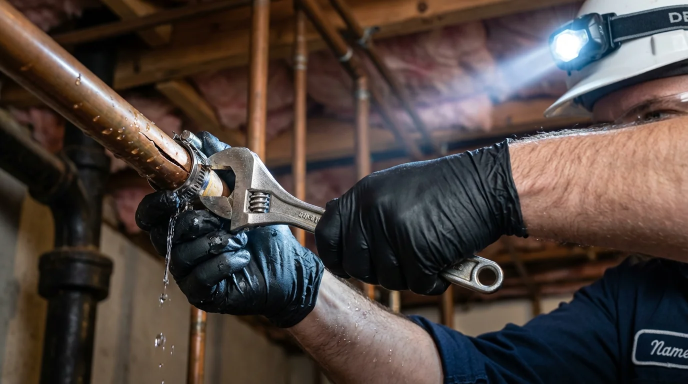 Emergency pipe clamp repair being performed by a Johns Plumbing LLC plumber in Lame Deer
