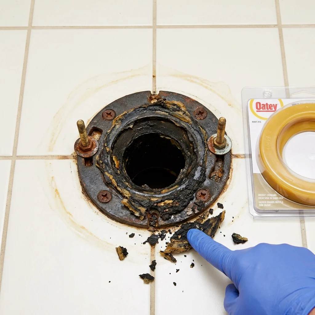 Failed wax ring showing water seepage at the base of a toilet in a Lame Deer, MT home