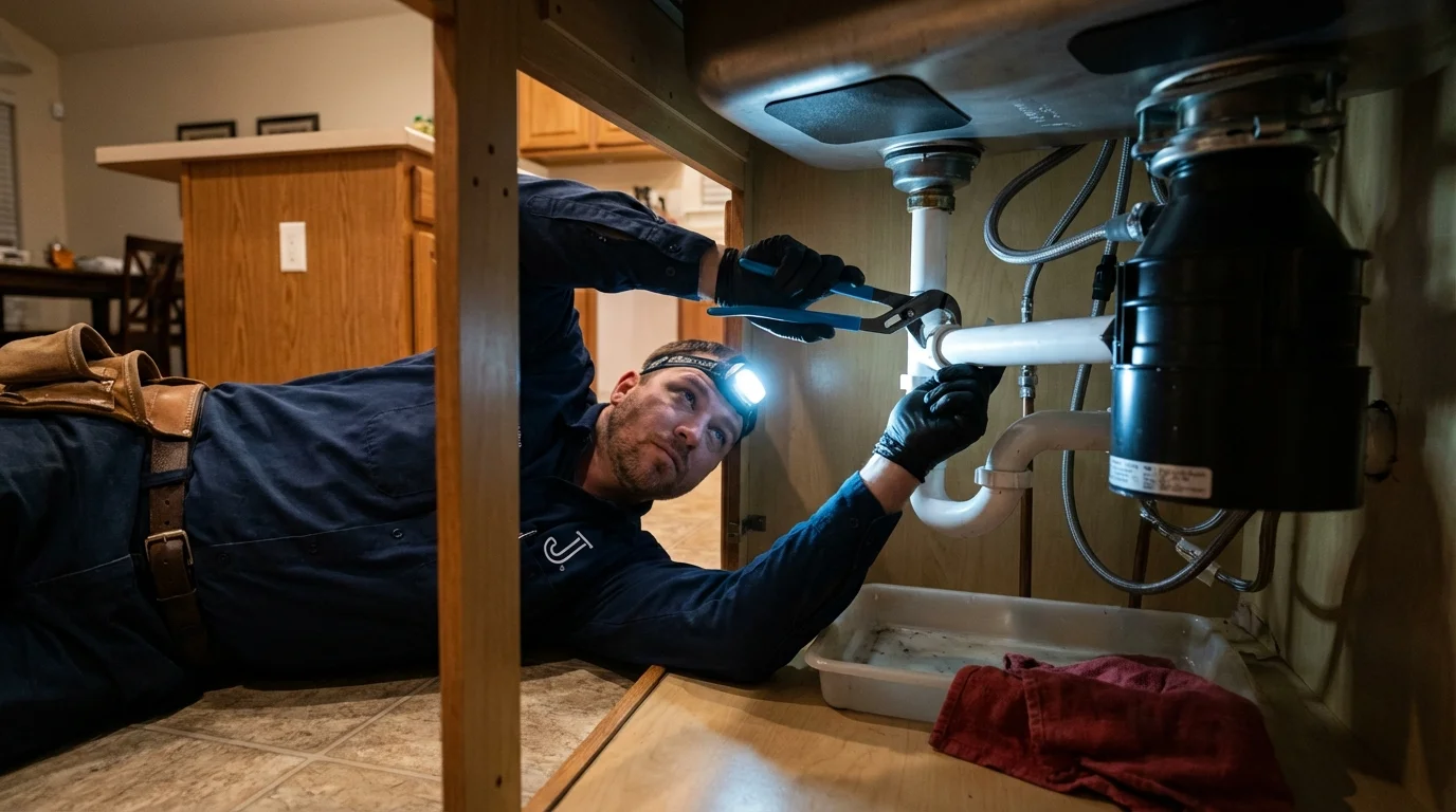 P-trap and supply line connections under a kitchen sink showing a common leak point in Lame Deer, MT